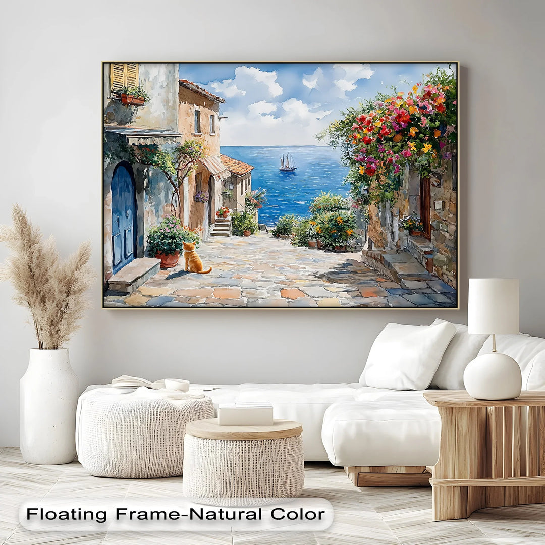 Mediterranean Daydream – Seaside Street with Cat Canvas Print - MyPhotoStation