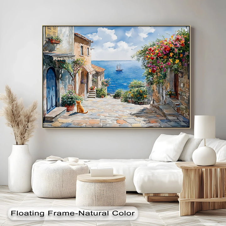 Mediterranean Daydream – Seaside Street with Cat Canvas Print - MyPhotoStation