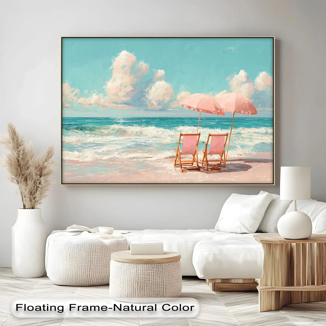 Serene Beach Escape with Pink Umbrellas – Seaside Canvas Print - MyPhotoStation