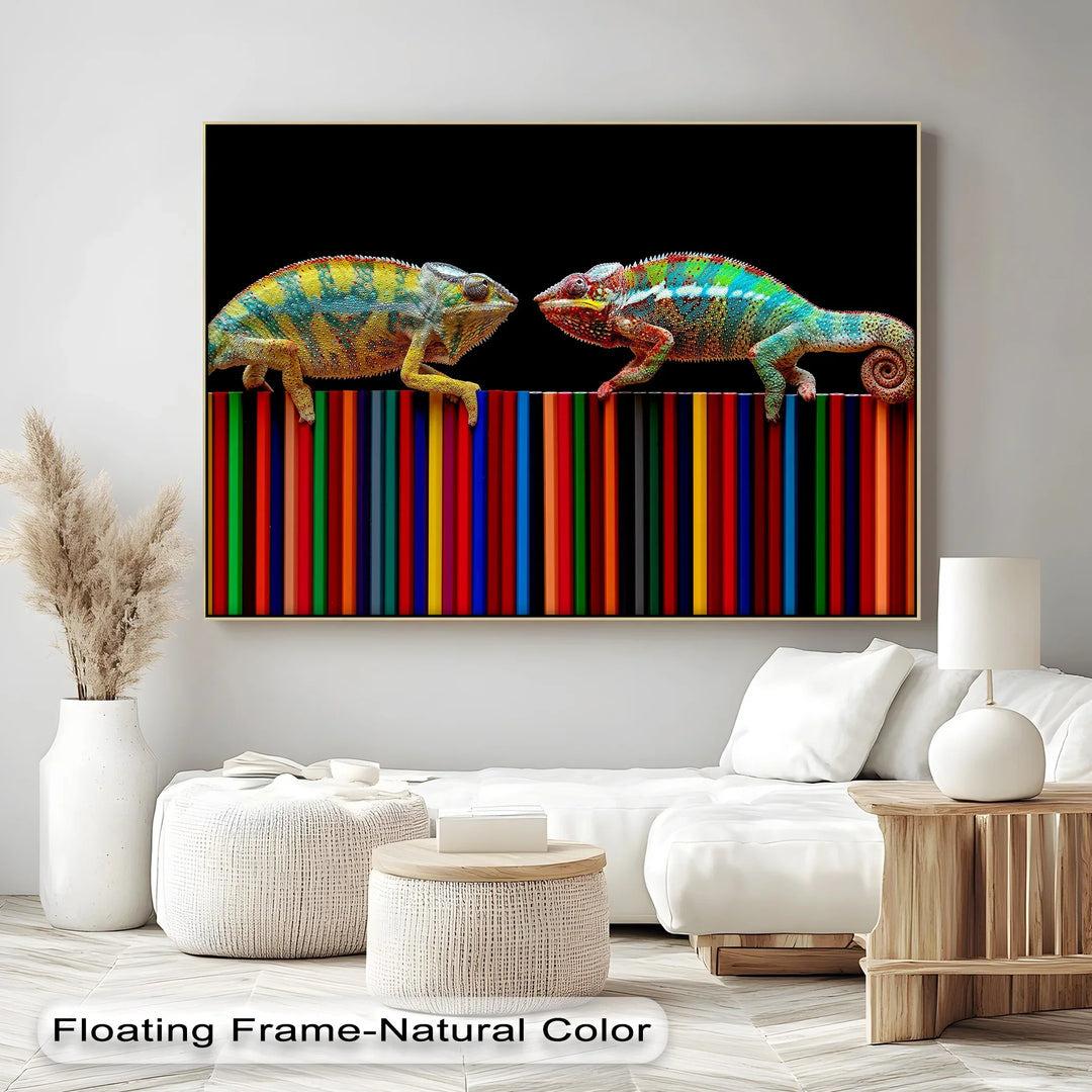 Color Clash – Vibrant Chameleon Duo on Pencils Canvas Print - MyPhotoStation