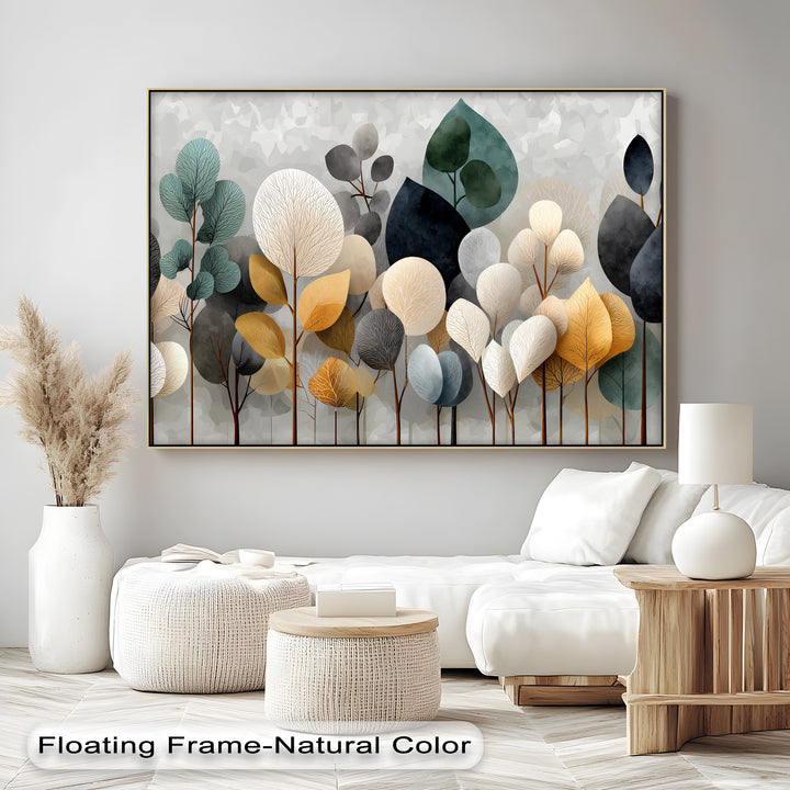 Highlighting the edge and borders of this minimalist abstract forest canvas print, showcasing the best canvas prints with a natural-colored floating frame and elegant botanical tree art.