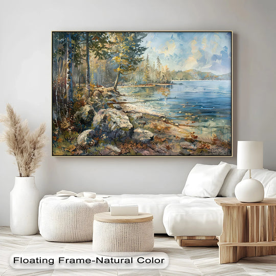 Depth and layers create a sense of immersion in this framed canvas print depicting a tranquil forest shoreline landscape.