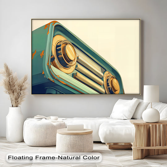 Subtle negative space accentuates the details of this Tuned in Time canvas print, a retro teal radio made vibrant through our framed canvas technique.