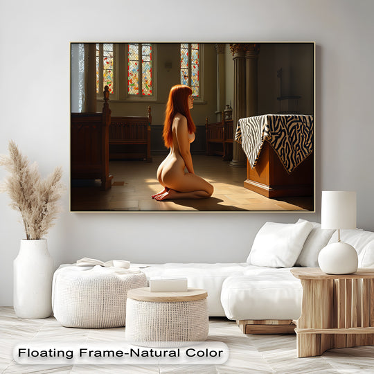 Flowing organic forms define the subject's pose and hair in this 'Silent Offering' erotic canvas art prints, creating a sacred scene within a church.