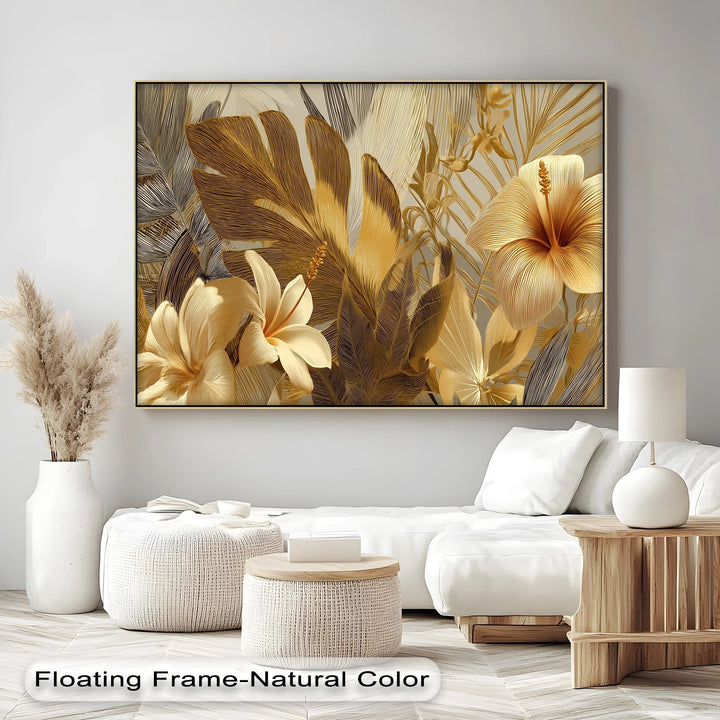 Golden Tropics with Hibiscus and Palm Leaves – Canvas Print - MyPhotoStation