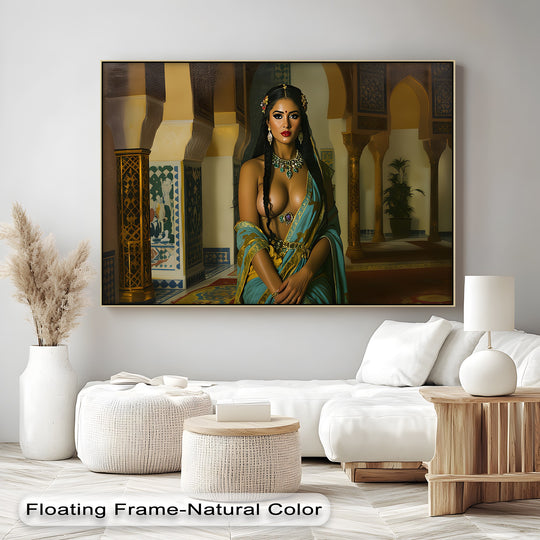 Light and shadow play across the Jewel of the Palace, an erotic hanging canvas highlighting the gold and jewel tones within the framed oversized wall art.