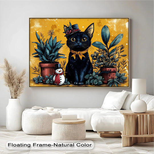 Quality canvas art is showcased in this 'Black Cat with Holiday Hat' print, highlighting the rich textures and vibrant colors within the cat canvas print.