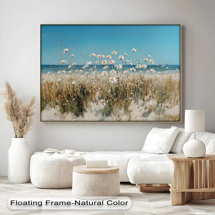 Seaside Serenity – White Wildflowers by the Shore Canvas Print