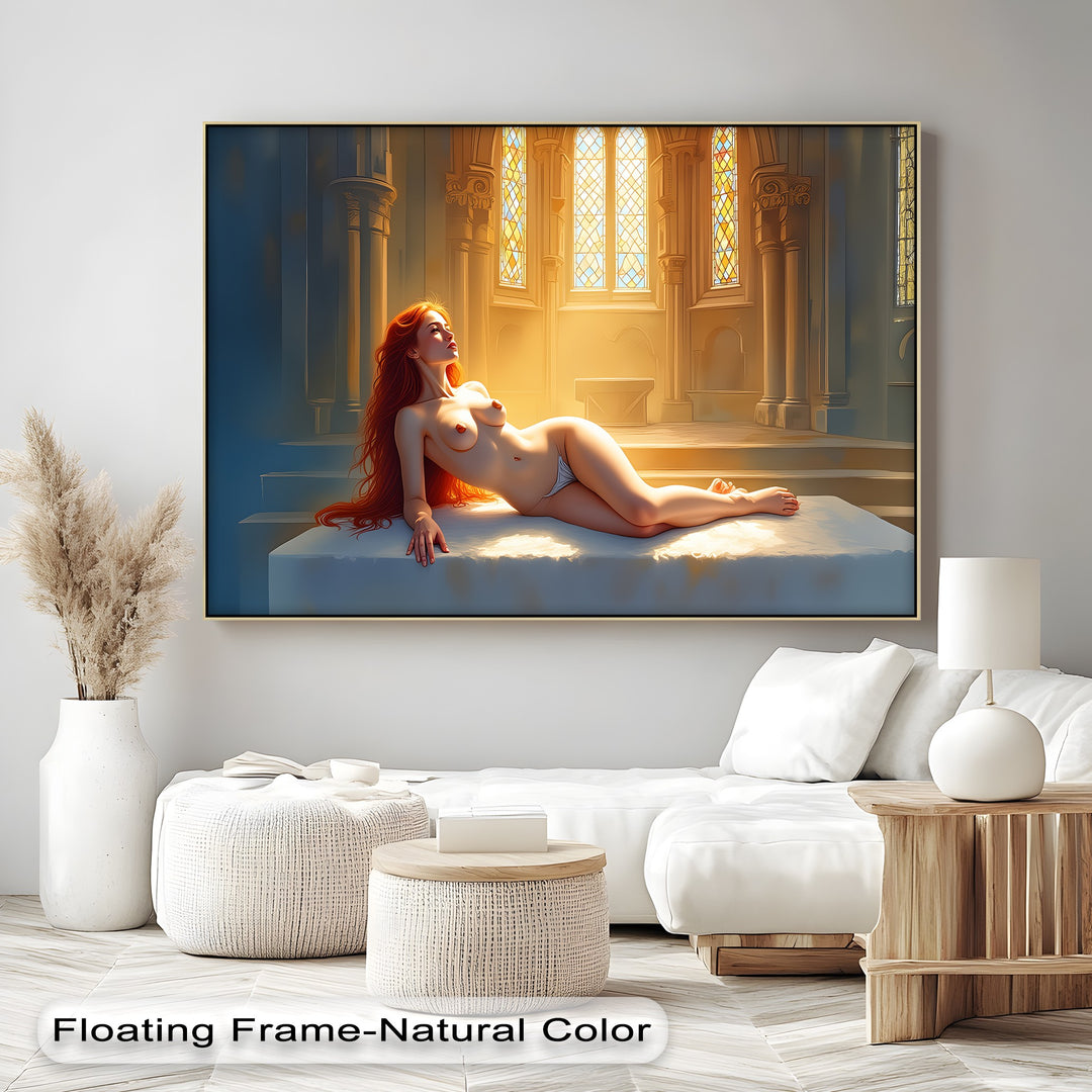 Nude Goddess in Sunlit Cathedral - Erotic Canvas Print | Framed Art