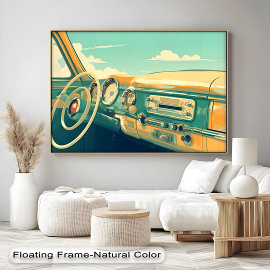 Foreground detail shows a Cruise Control retro car dashboard canvas painting with bright golden light and teal tones evoking vintage charm.