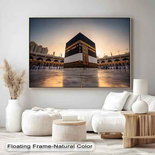 Rich color saturation enhances the captivating canvas wall decor of the Kaaba at Masjid al-Haram, radiating spiritual warmth.