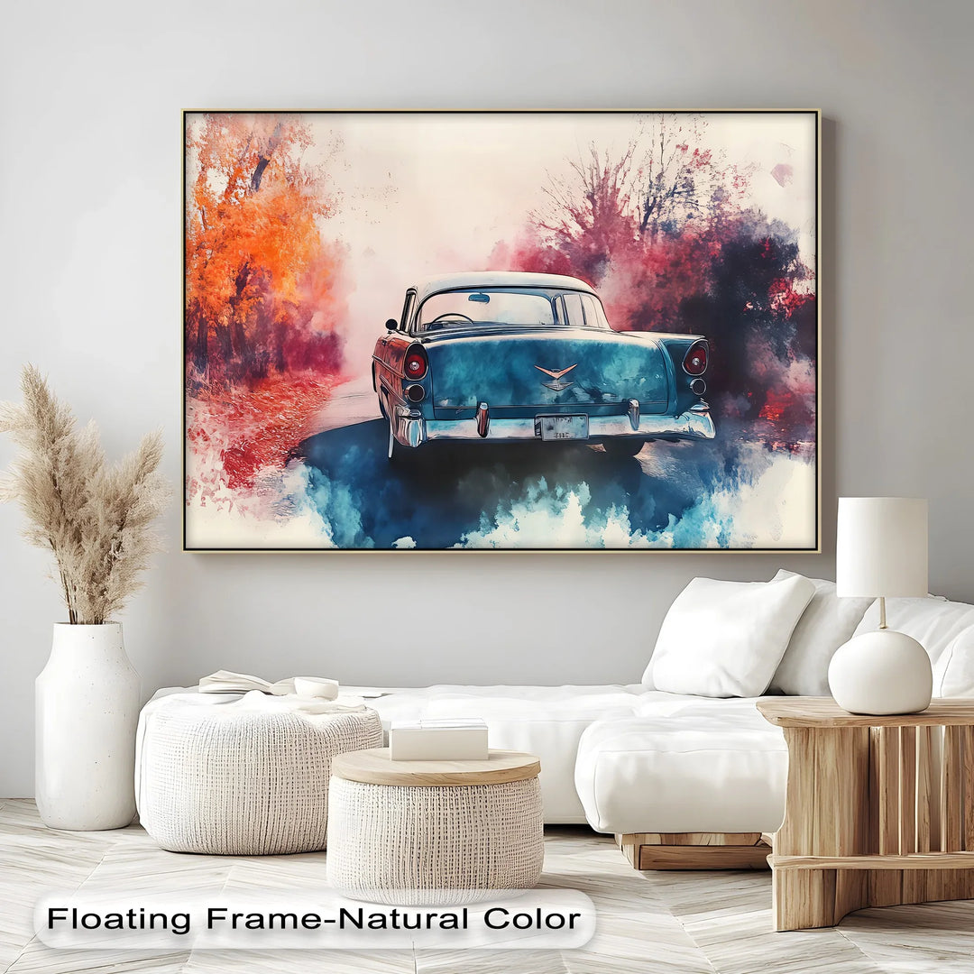 Retro Teal Classic Car Surrounded by Autumn Haze – Car Canvas Print