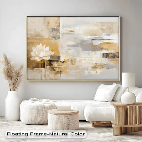Darkest areas define the composition of this canvas print featuring minimalist gold lotus abstract canvas pictures with shades of brown and gold.