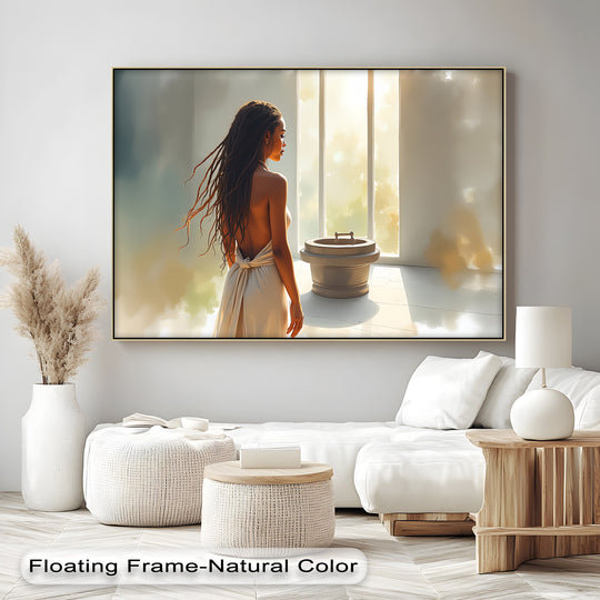 Radiating ethereal beauty, the focal point showcases premium canvas decor in this framed 'Morning Ritual' erotic canvas print, a sensual abstract wall art piece.