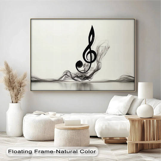 Neutral tones and subtle gradients in the background enhance the striking presence of canvas wall decor featuring a melodic smoke treble clef.