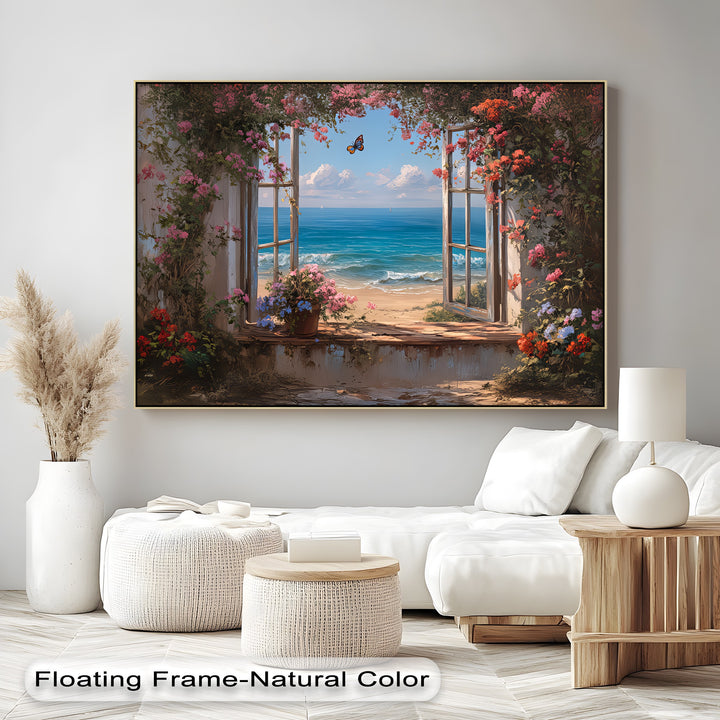 Blossoms by the Sea – Open Window Beach View Canvas Print