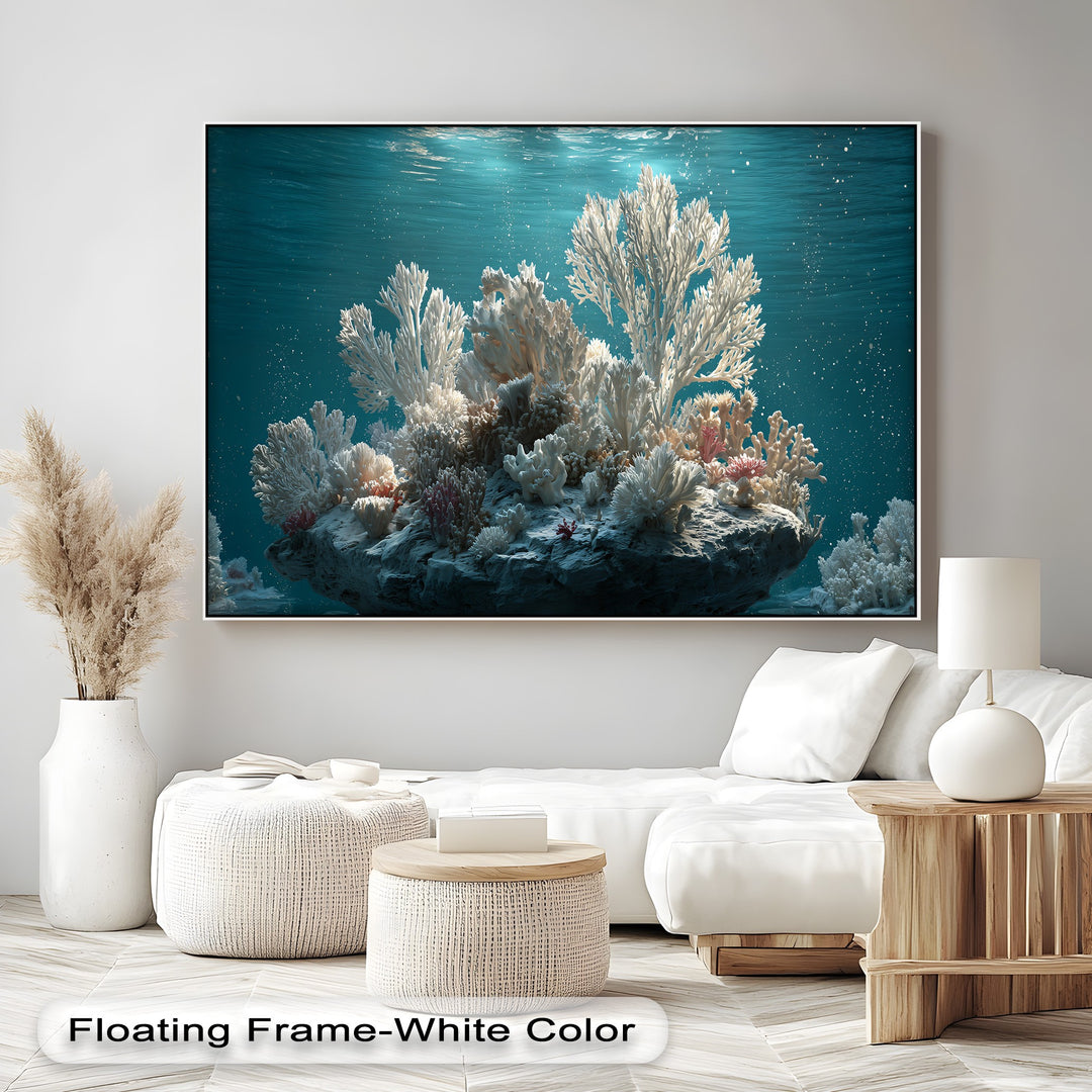 Showcasing remarkable depth and layers, an intricate white coral reef thrives beneath sunlit turquoise ocean waters in this canvas wall art.