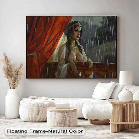 Featuring a natural color floating frame, this velvet rain balcony scene presents a unique canvas print that enhances this framed canvas wall art's finish.