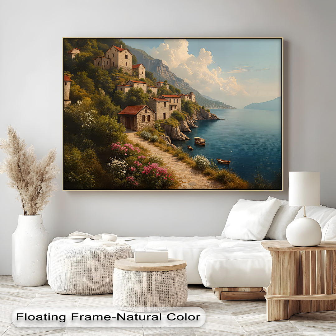 Cliffside Village Serenity – Mediterranean Coastal Canvas Wall Art | Framed Art