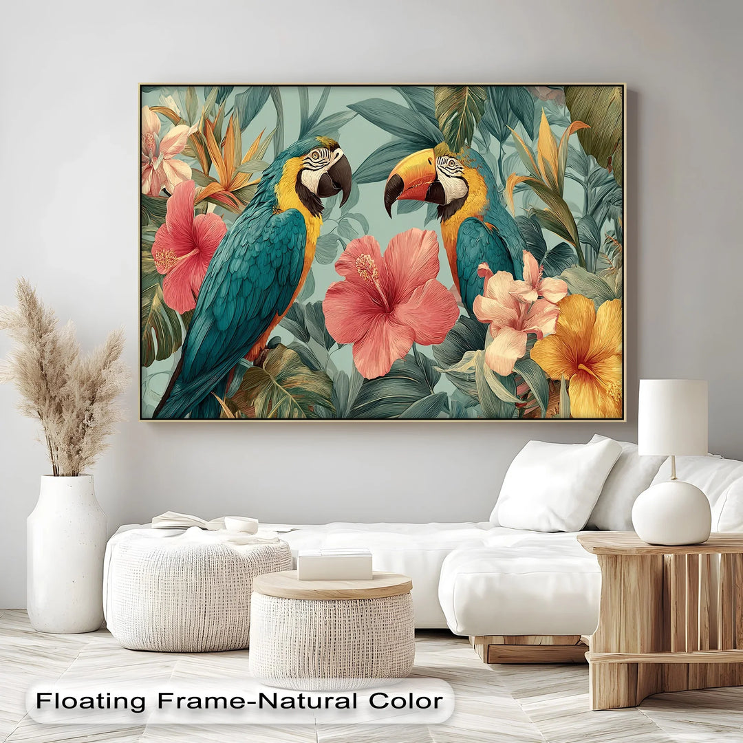 Exotic rainforest canvas print featuring parrots hibiscus and bold foliage

