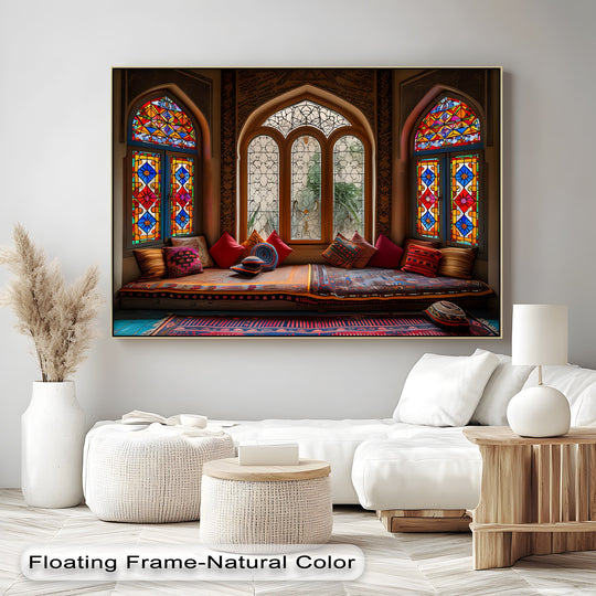 Vivid canvas art prints highlight the color contrast between the warm, inviting tones of the radiant Persian Nook scene and the bright stained glass windows.