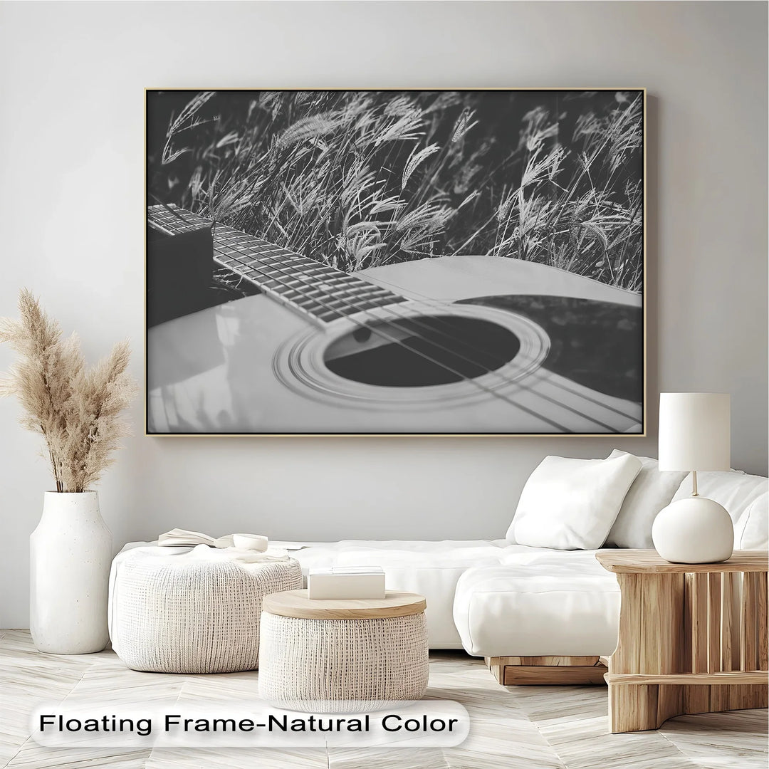 Acoustic Guitar in Field – Black and White Nature Music Canvas Prints - MyPhotoStation