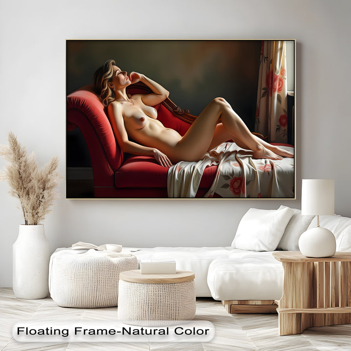 Reclining Nude on Red Chaise - Erotic Canvas Wall Art | Large Art