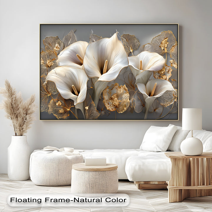 White Calla Lilies with Gold Leaves - Canvas Print