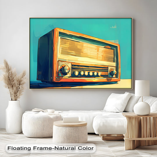Revealing the realistic detail, the vintage orange radio canvas art presents a high-definition reproduction of a classic radio with its warm golden frequencies shining brightly.