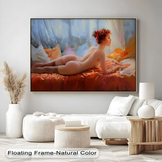 Defined by the framed canvas artwork, the geometric pattern of the flooring in this interior accentuates the curves in the Scarlet Reverie nude woman canvas wall art.