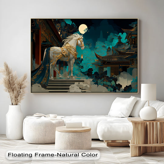 Canvas print of a white horse in gold armor and moonlit design with mystical elegance and refined fantasy decor
