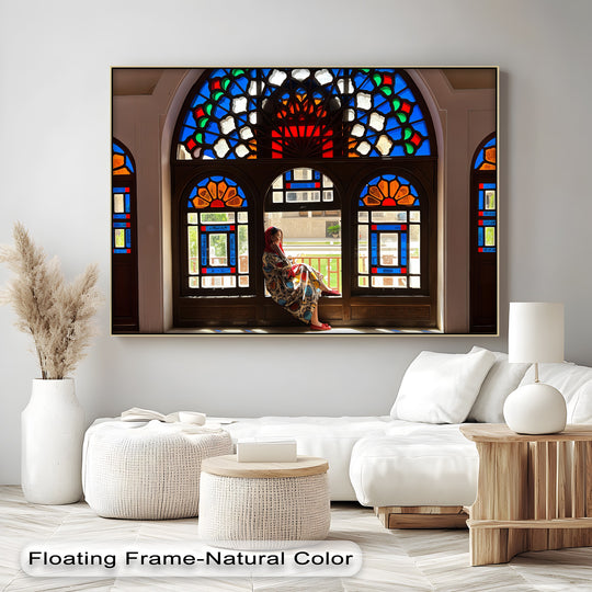 Dominant vibrant colors highlight this Persian Geometric Elegance canvas wall art, a cultural canvas print featuring a woman framed by a stained glass window.