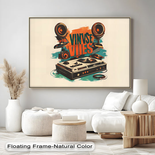 Horizontal canvas pictures show a retro 'Vinyl Vibes' turntable and speaker art print with black details against a light cream backdrop.
