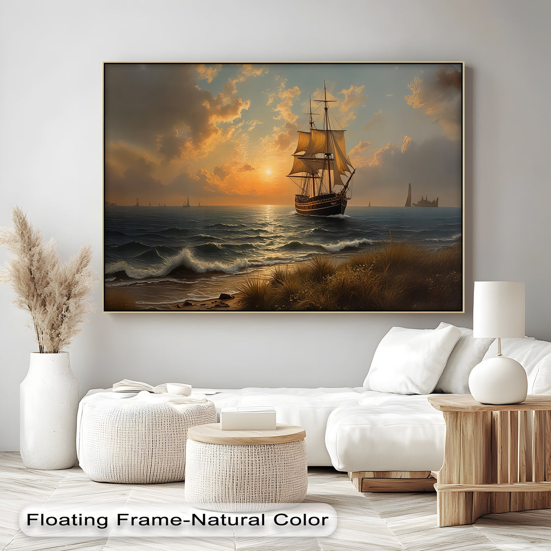 Golden Horizon Voyage – Sailing Ship at Sunset Canvas Wall Art | Large Canvas