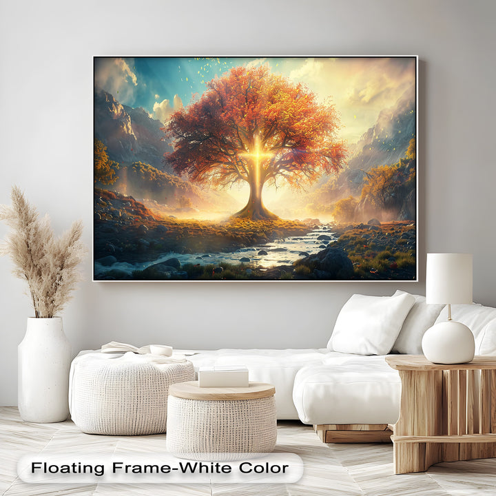 The crisp white floating frame elegantly borders the vibrant fantasy mountain landscape canvas wall decor, showcasing a radiant autumn tree.
