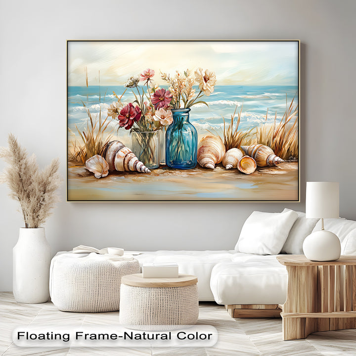 Seaside Serenity – Floral and Seashell Still Life Canvas Print