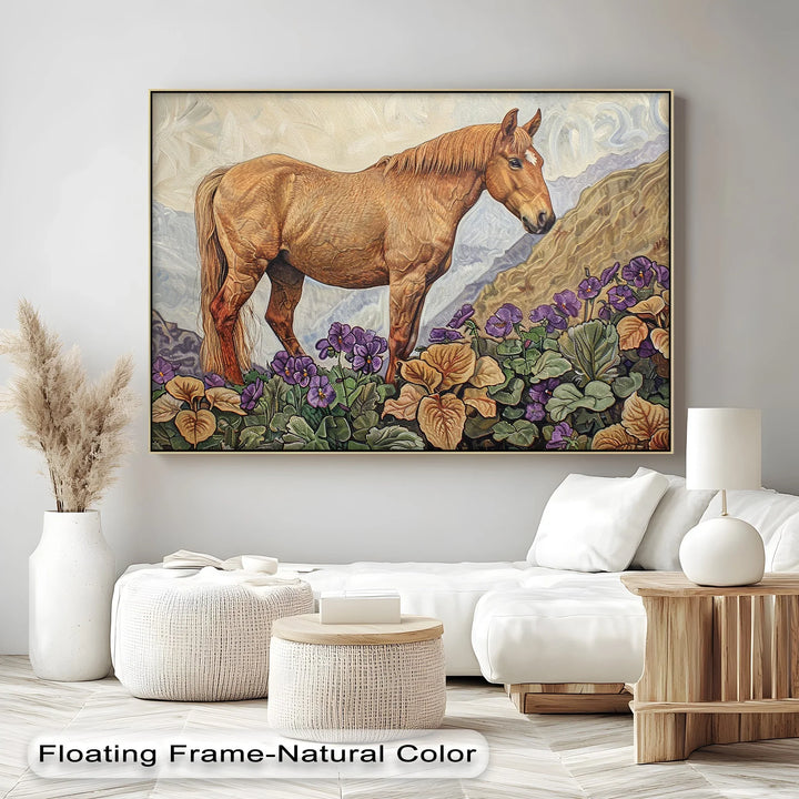 Golden Serenity – Horse Among Violet Blossoms Animal Canvas Print - MyPhotoStation