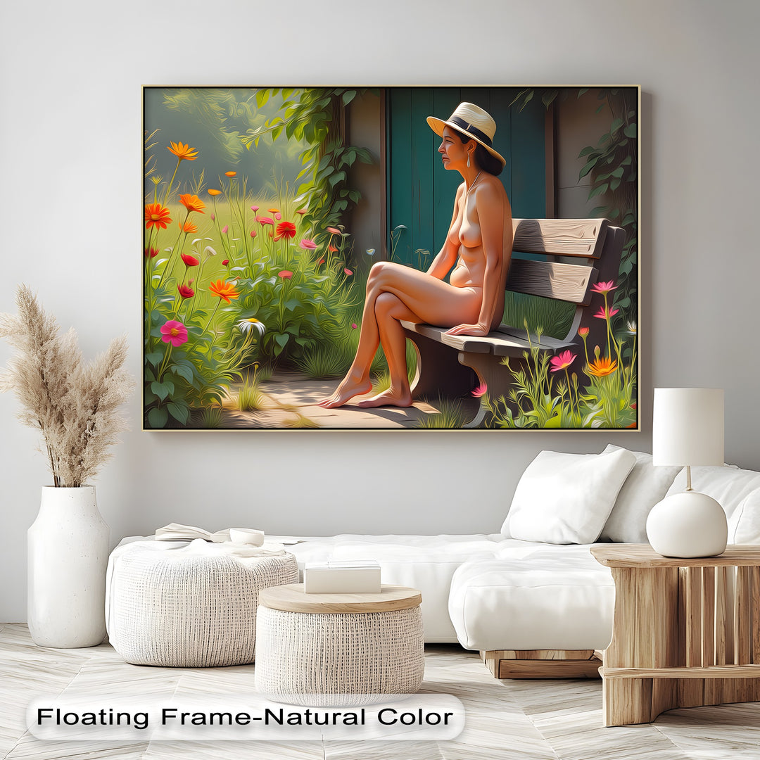 Garden Reverie – Nude Woman with Hat Canvas Wall Art | Large Art