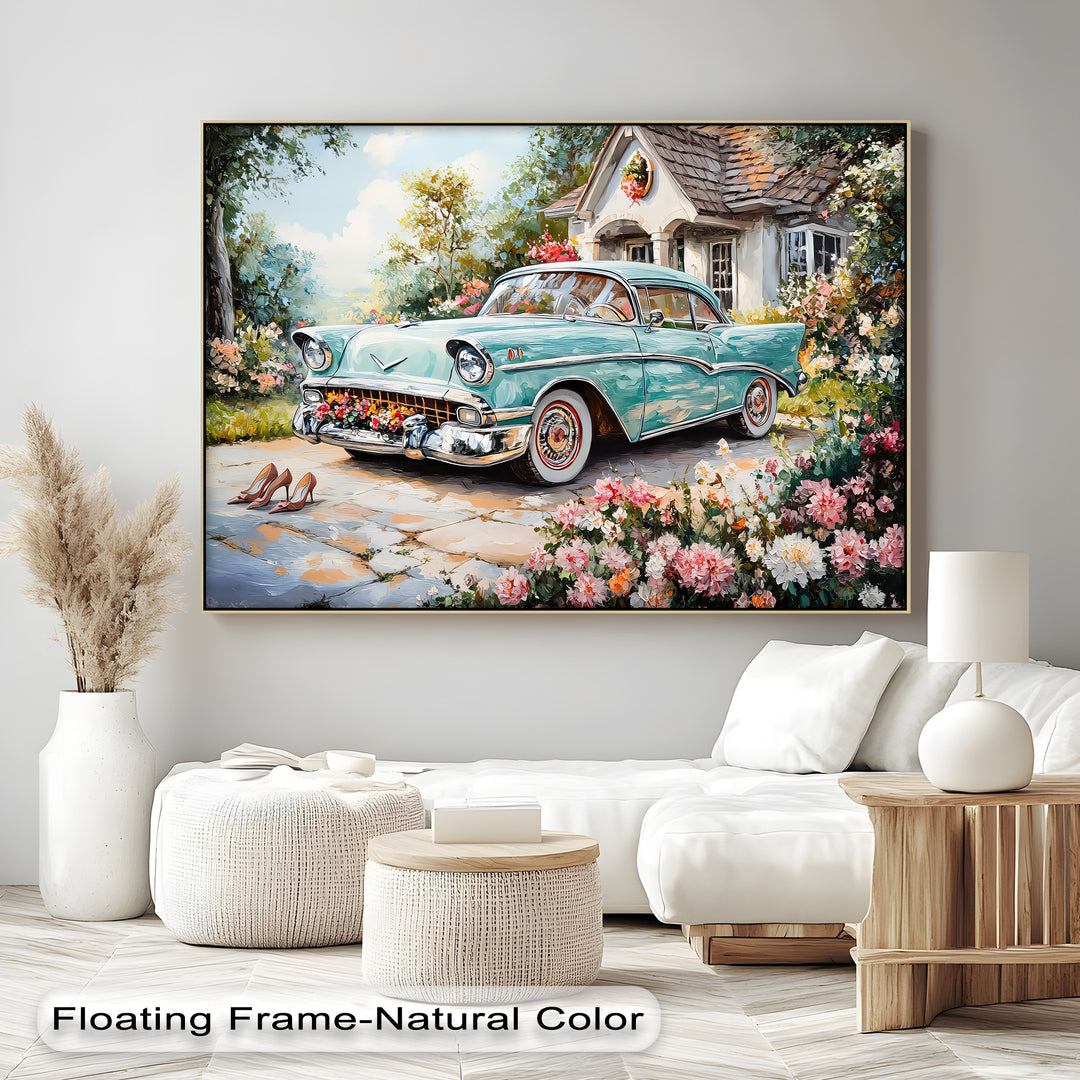 Turquoise Classic Car in Flower Garden – Car Canvas Print