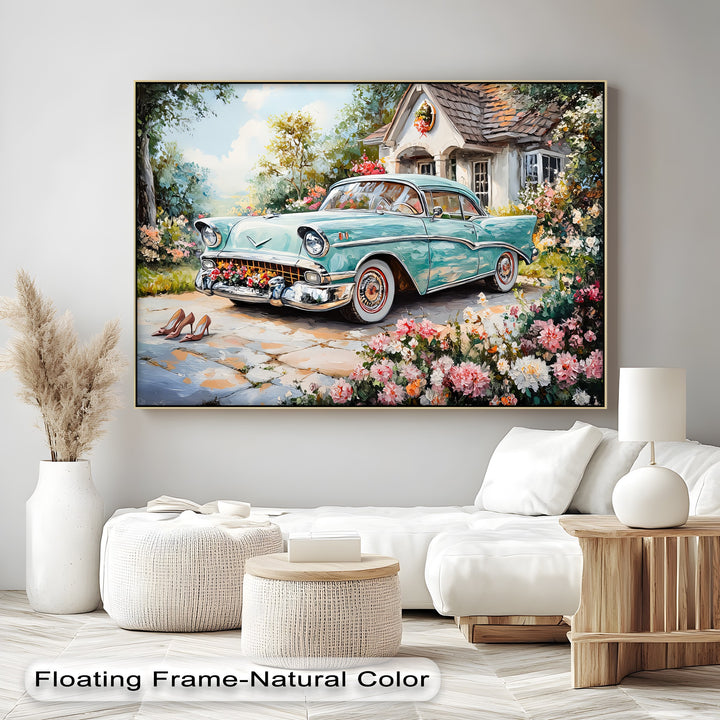 Turquoise Classic Car in Flower Garden – Car Canvas Print