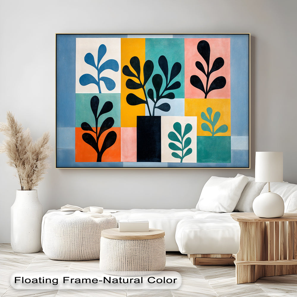 Bold color contrast defines this mid century botanical canvas print, where geometric panels showcase high quality canvas prints of minimalist plant shapes.