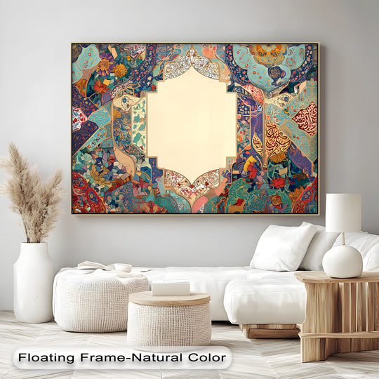 Horizontal canvas wall decor shows a shaped Persian Floral Mosaic Harmony print framed in natural tones, showcasing cultural artistic beauty.