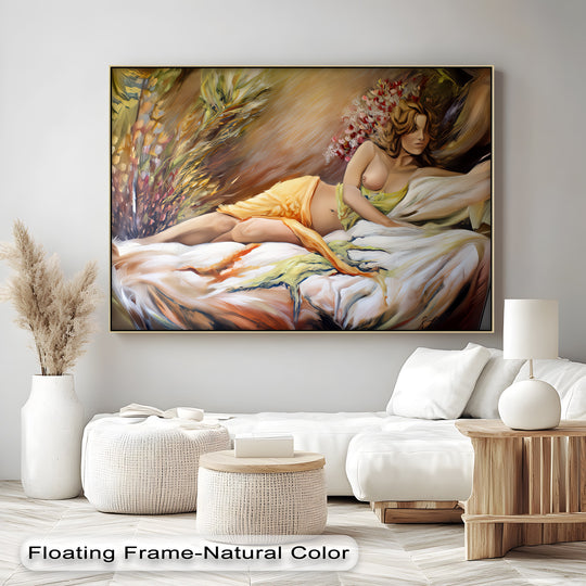 Highlighting the abstract quality, this large sensual canvas print presents high quality canvas prints that morph golden bloom, nude art, and romantic themes into a visual reverie.