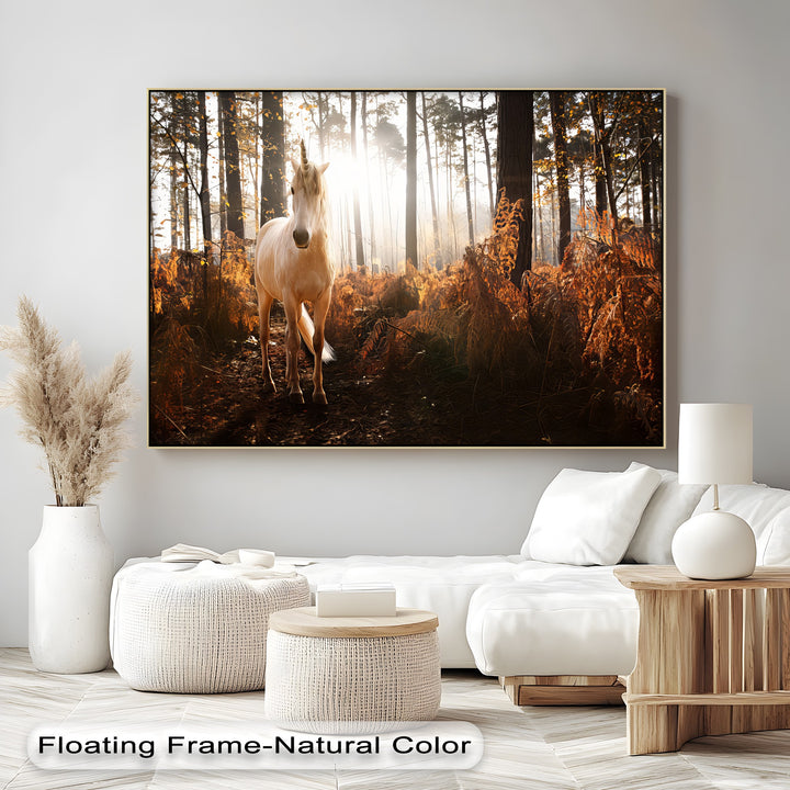 Enchanted Light – White Unicorn in Autumn Forest Canvas Print