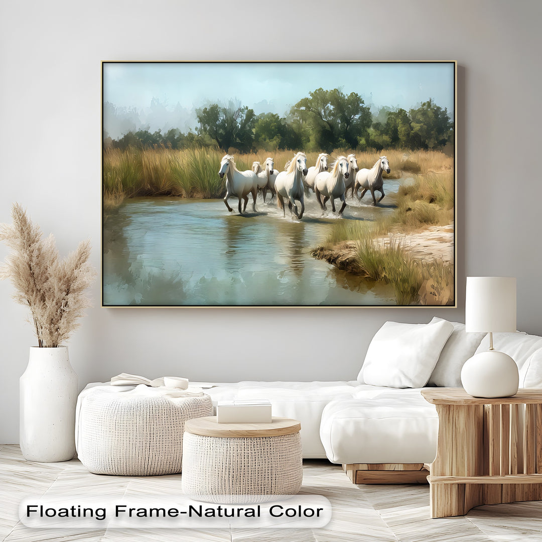 White Horses Running Through River - Horse Canvas Print