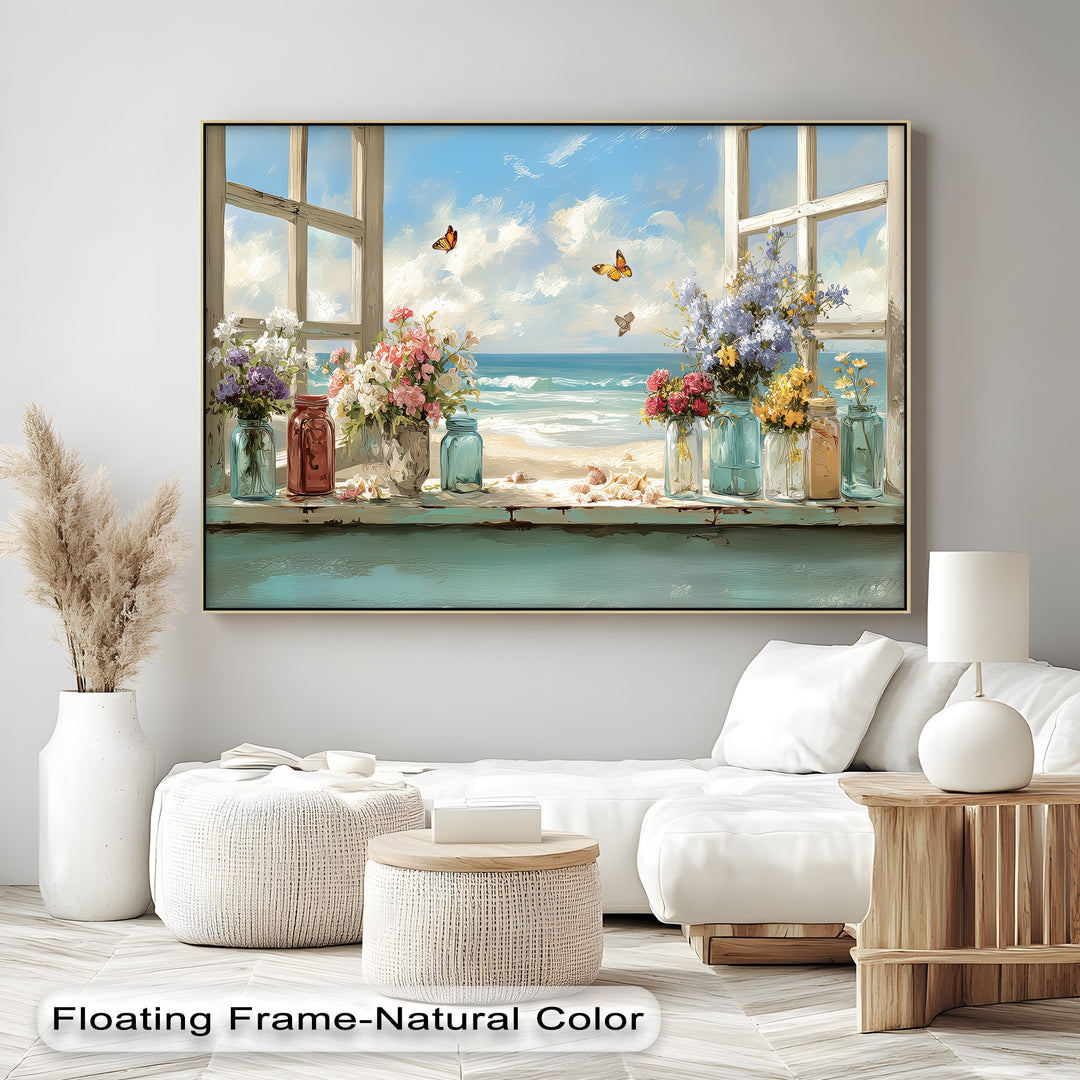 Butterflies by the Shore – Seaside Window Flowers Canvas Print