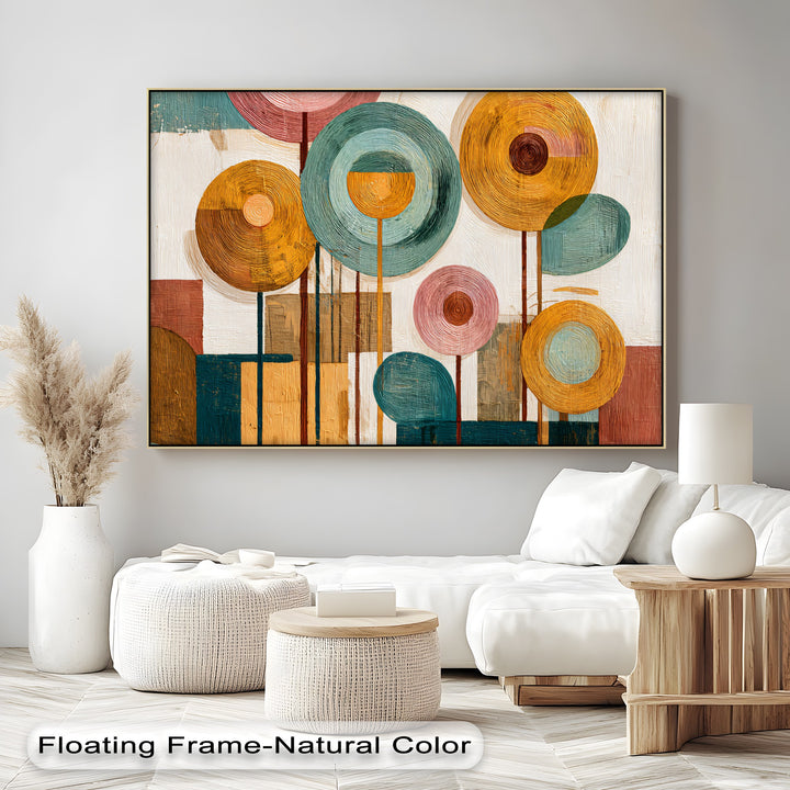 Featuring the abstract quality, this mid-century modern geometric wall art provides a unique canvas print depicting colorful, stylized tree forms.