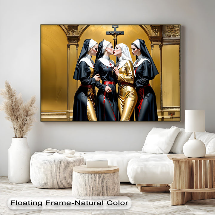 Divine Temptation – Erotic Kissing Nuns Canvas Wall Art | Nude Art