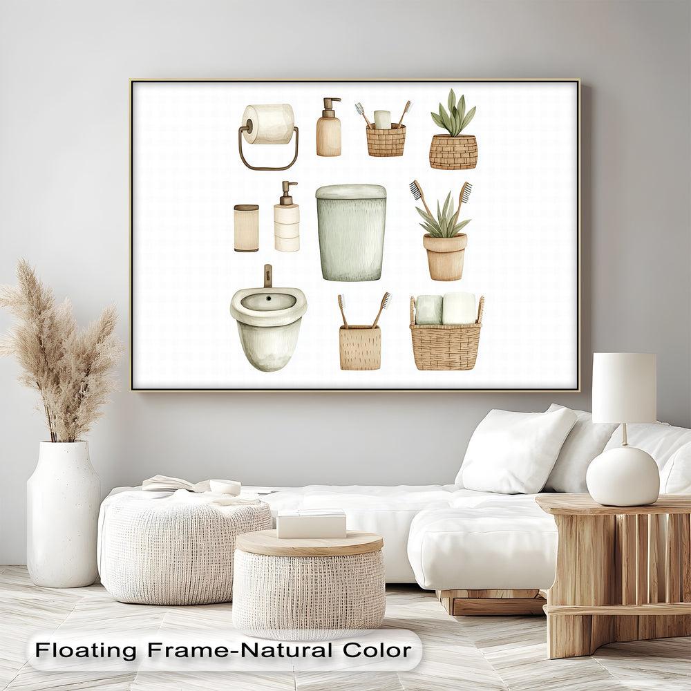 This minimalist bathroom canvas print features neutral tones and spa-style accessories—perfect for bringing calm, clean design to modern American interiors.


