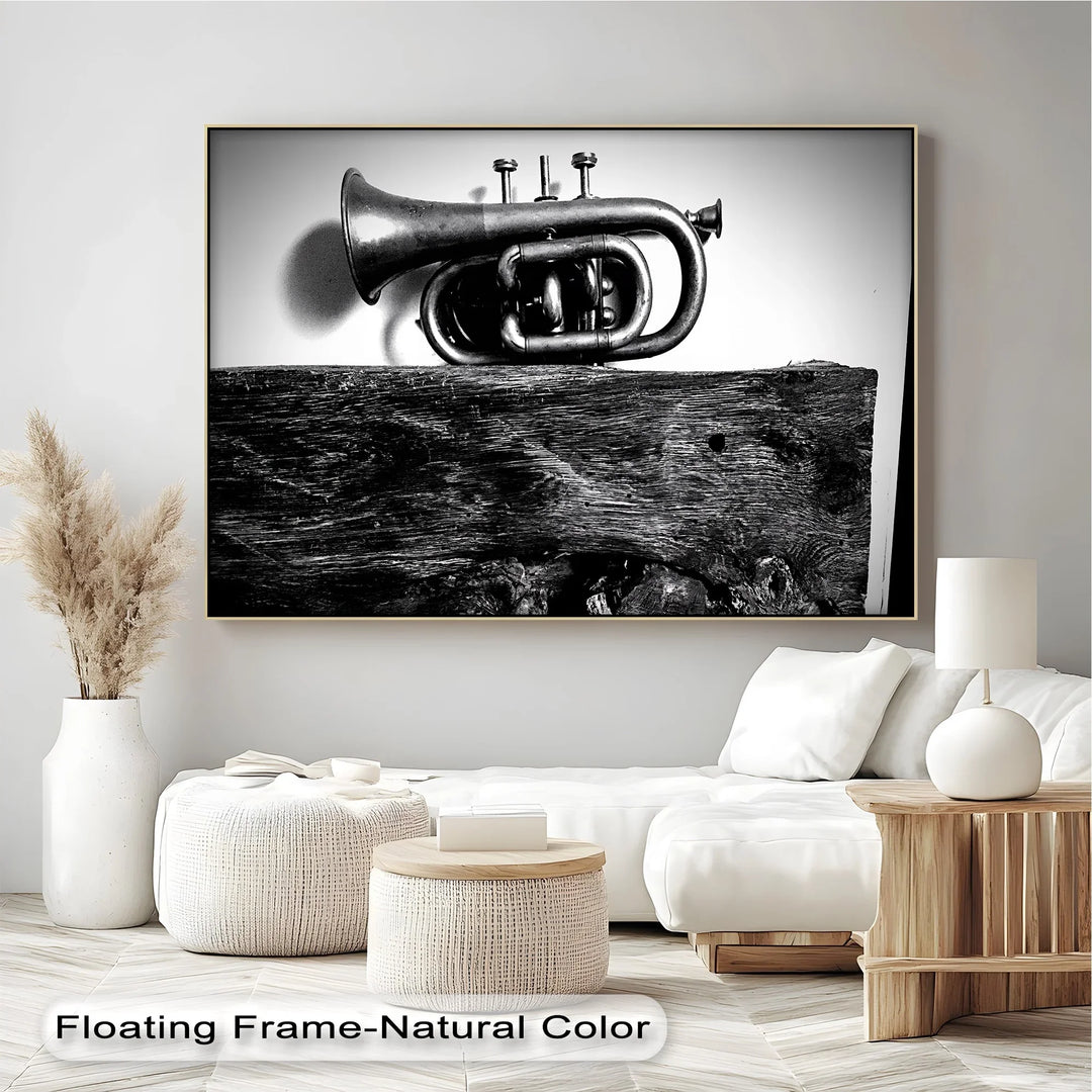 Rustic Trumpet Still Life – Black and White Vintage Music Canvas Prints - MyPhotoStation